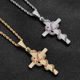 Top Quality Hip Hop Cross Snake Pendant Necklace Environmental Copper Men Hiphop Jewellery Micro-inserts Cubic Zirconia Real Gold Pated Boys Rapper Accessories