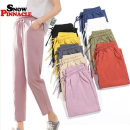 Womens Spring Summer Pants Cotton Linen Solid Elastic waist Candy Colors Harem Trousers Soft high quality for Female ladys S-XXL 210721