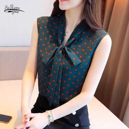 Korean Style Women Sleeveless Tops Summer Polka Dot Bow Chiffon Blouse Casual Fashion Women Clothing V-neck Lady Blusas 210527