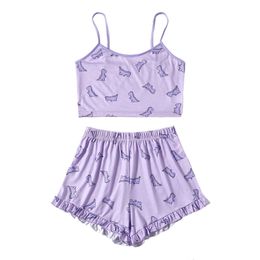 Summer Women Pyjama Set Cute Printed Pattern Pyjamas Suspenders Sexy Night Homewear Sleeveless Tops And Shorts 2-Piece 210809