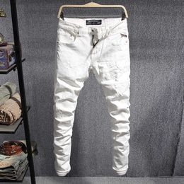 Italian Style Fashion Men Jeans High Quality White Elastic Cotton Ripped Slim Fit Vintage Designer Denim Pants Hombre DDFI