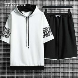 Summer Men Casual Sets Hooded Sweatshirt Harajuku Tracksuit Short Sleeve Print T-shirt+Shorts 2 PCS Jogging Male Sports Suit 210603