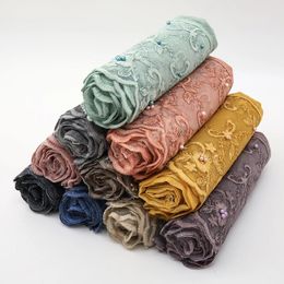 Plain Embroidered Floral Cotton Scarf Women Muslim Hijab Solid Colour Pearl Fashion Foulard Femme Bandana