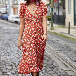 New Women Flowers Print Midi Dress V-neck lady Lantern Sleeve Dating Fairy Floral Female Long dresses With Buttons 210309