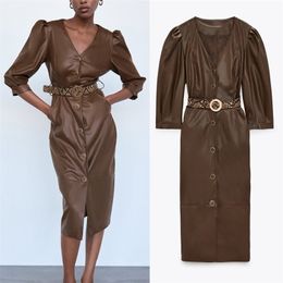 Summer Za Woman Faux Leather Dress Women Fall Brow Office Midi Dress Fashion Casual Design Clothes Ladies African Dresses 210309