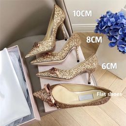 Luxurious Designers Dress Shoe Evening Slingback Rose Gold BowBow Pumps 6CM/8CM/10CM Shiny Embellishments Heels Sandals for Women Slipper 35-42