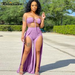 Kricesseen Sexy Solid Two Pieces Pant Set Women StraplBandage Tank Top And High Spit Long Pant Suits Clubwear Outfits X0709
