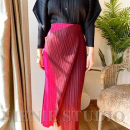 Miyake pleated skirt High waist one button stitching long asymmetrical skirt two-piece straight Korea skirt 4984 210724