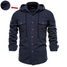 AIOPESON Spring and Autumn Hoodied Long Sleeve Shirt Men Solid Colour 100% Cotton Quality for Casual 's s 210721