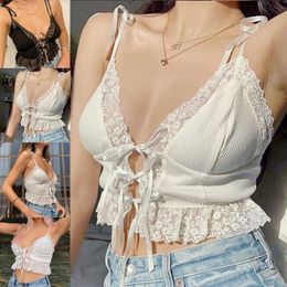 tie front floral crop top UK - Women's Tanks & Camis Women Summer Tie Up Spaghetti Strap Crop Top Sexy V Neck Floral Lace Trim Solid Color Camisole Front Bandage Ribbed Ve