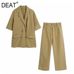 [DEAT] Summer Fashion Short Sleeve Double Breasted Blazer High Waist Wide Leg Pants Women Two-piece Suit 13Q365 210527