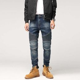 American Street Style Fashion Men Jeans Retro Blue Elastic Slim Fit Spliced Designer Biker Hip Hop Denim Punk Pants