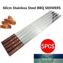 Pastry Tools 5Pcs/Set Stainless Steel Wide BBQ Skewers Long Wood Handle Barbecue Fork Stick