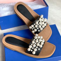 Frauen Goldie Slide Sandalen Schuhe Perlen Sandale Hausschuhe Quadratische Zehen Leder Flache Slides Mode Sommer Breite Dame Flip Flops mit Box 5 Farben Top Qualität 314