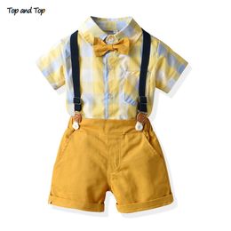 and Top Baby Boy Gentleman Set Toddler Short Sleeve Plaid Bowtie Shirt+Suspender Shorts Formal Newborn Boys Clothes 210309