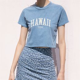 Women Embroidery Letters Washed Crop Tee with Raw Hem Short Sleeve Cotton Crop T-shirt In Blue 210306