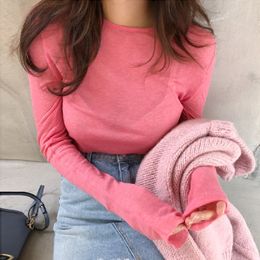 micro through South Korea T shirt Women New Spring Solid sexy Slim Fit skinny Tee Long Sleeve Tshirt Tops female girls t shirt 210306