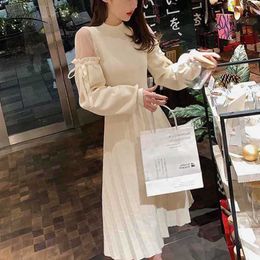 Spring Knitted Dress Sexy Women Solid Mesh Long Sleeve Bow Dress Fashion Stitching Off-Shoulder Mid-Length Vestidos 11735 210527