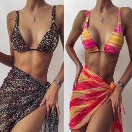 2021 Women Bandage 3 Piece Bikini Set Push-up Tie dye Leopard High Waist Beach Swimsuit Dress Padded Bathing Suit Swimwear Skirt 210305