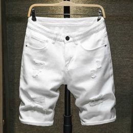 Summer White black Men Denim Shorts Slim Large size Casual Knee Length Short Hole Jeans For Bermuda 210714