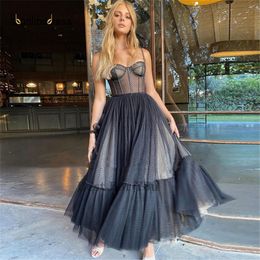 Sexy Black Dotted Tulle Puffy Prom Dresses A Line Spaghetti Straps Corset Ankle Length Engagement Dress Special Occasion Gowns Party Evening