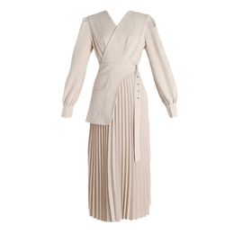 PERHAPS U Autumn Spring Midi Dress Pleated Beige V Neck Sash Black Solid Elegant Chic Long-Sleeved D2144 210529