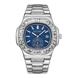 Wristwatches Men Fashion Watch Blue Dial Stainless Steel Baguette Diamond Iced Out Quartz Movement All Work Montre