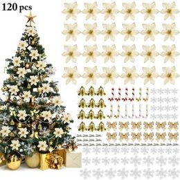120PCS /1set Christmas Tree Ornaments Artificial Christmas Flowers Bows Bells Snowflakes Small Cane Clip for Wedding Party Chri 211104