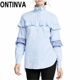 Clearance Women Blue Plaid Blouse Patchwork Shirts Long Sleeve Casual Fashion Ruffled Blouses Tops Blusas Girls Clothing 210527