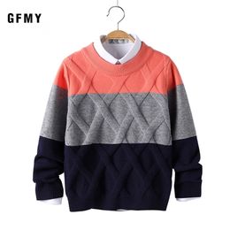 GFMY Autumn Winter Fashion O-Collar Three-Color Stitching Sweater For Boys Warm wool 5-14 year Coat Kids Sweaters 211201