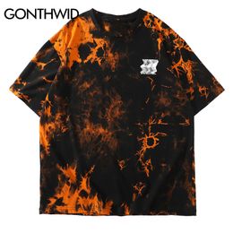 GONTHWID Creative Print Tie Dye Tees Shirts Streetwear Men Summer Harajuku Hip Hop Casual Short Sleeve Tshirts Tops Orange Black 210225