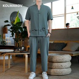 (Shirt + trousers)2021 summer fashion men shirt Cotton and linen printing design shirts men's casual shirts men size M-5XL TZ069 X0909