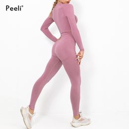 Seamless Yoga Set Fitness Clothes Gym Set Workout Women Long Sleeve Shirts and High Waist Leggings Sports Suit Crop Tops Pants