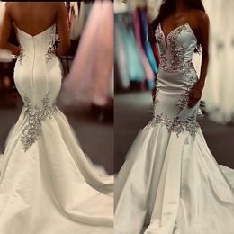 Veralove Satin Wedding Dress Mermaid 2022 Sweetheart Bride Dresses Lace Appliques Beading Customised Robe De Mariee