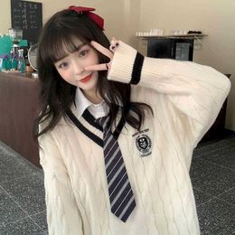 College style autumn winter sweet cute V-neck sweater female student long-sleeved Korean loose all-match + shirt tie 210526