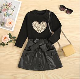 Children Baby Girls Clothes Sets Leopard Heart Printed Long Sleeve Pullover Tops Leather Skirt