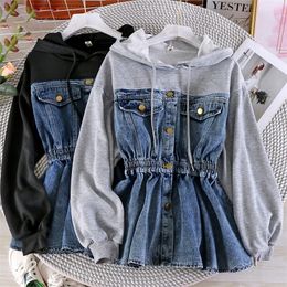 Korean student Harajuku style hooded stitching denim female fake two long-sleeved waist coat 201030