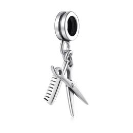 New Real 925 Sterling Silver Comb and scissors Shape Charm Pendant Jewelry Bead Fit Original Women Charm Bracelet Women Making Q0531