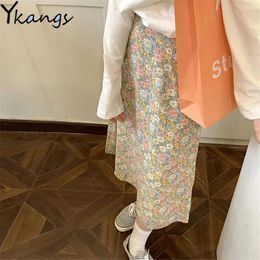 Vintage Chiffon Floral Printed Tulle Pleated Mi-Long Women Skirts High Waist Loose Female Umbrella Skirts Spring Summer 210619