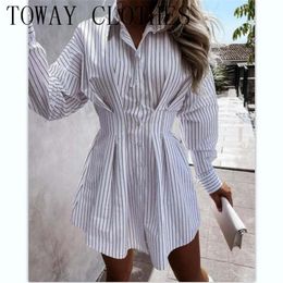 Casual Dresses Turn-down Collar Striped Print Long Sleeve Shirt Dress Chic Office Lady Mini Summer For Women 2021