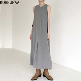 Korejpaa Women Dress Summer Korean Chic Female Minimalist Niche Design V-Neck Loose Casual Sleeveless Slit Vest Vestidos 210526