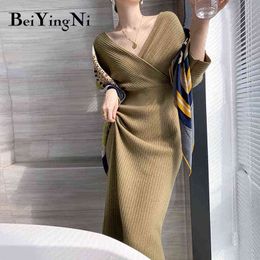 Beiyingni Women Elegant Sweater Dress High Waist Knitwear Slim Retro Casual Party Autumn Winter Backless Dresses Woman Vestidos Y1204