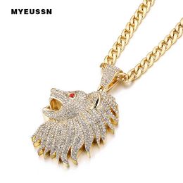 Large Lion Head Pendant Iced Out Crystal Red Eye Fashion Necklace With Chain For Men Charm Father's Day Gift Hip Hop Jewelry X0509