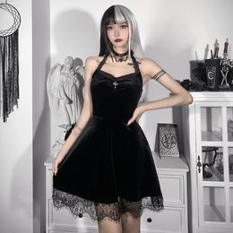 -Casual Kleider Goth Retro Samt Sexy Schwarzes Trikot Kleid Gothic Backless High Taille Mini Elegante Spitze Trim Kreuz 2021