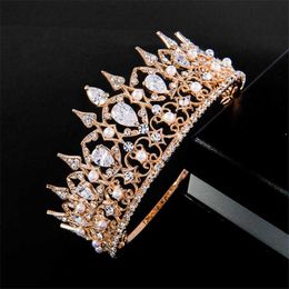 Bride Tiara Crown Zircon Crystal Headdress Bridal Wedding Hair Jewelry Gold Diadem Queen Wedding Accessories Girl Crowns Pageant X0625