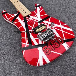 High quality adult electric guitar, high quality striped instrument, designed by Eddie van Helen, 2021 style
