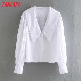 Tangada Women Sweet Fashion Embellished Trim Loose Blouses Vintage Long Sleeve Button-up Female Shirts Chic Tops CE84 210609