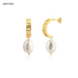 ANDYWEN 925 Sterling Silver Gold Pearl Drop Earring Luxury Rock Punk Fashion Fine Jewellery Clips Pendiente Piercing 210608