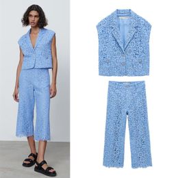 the ankle Canada - Women's Two Piece Pants Designer Brand Style Women Spring Summer Autumn Wear Fashion Elegant Blue Lace Business Jacket And Two-piece Sets