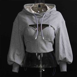 Women Crop Hoodie Hollow Out Autumn Spring Pullover Hooded Sweatshirt Tracksuit High Street 210910